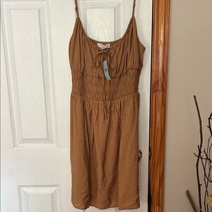 LOFT Tan Midi Dress with Tie Detail